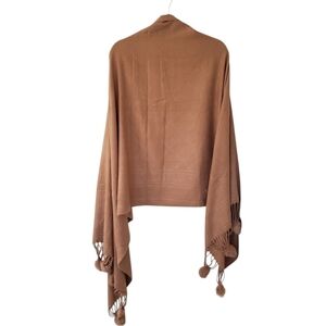 Effy Hematian Wool Stole Shawl Fur Pompoms Embossed Logo Tan Camel Brown